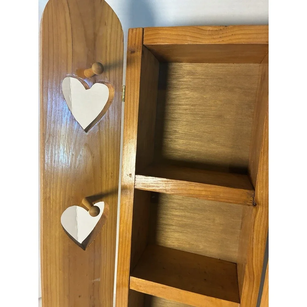 VTG 3 Tier Wall Shelf Cabinet Solid Wood Heart Cut-Out w/ Doors Pegs Farmhouse